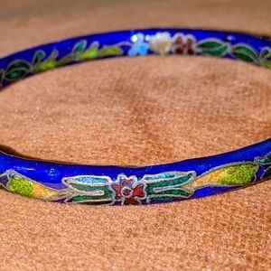 Vintage Chinese Cobalt Blue And Flower Motif Cloisonne Enamel Bracelet